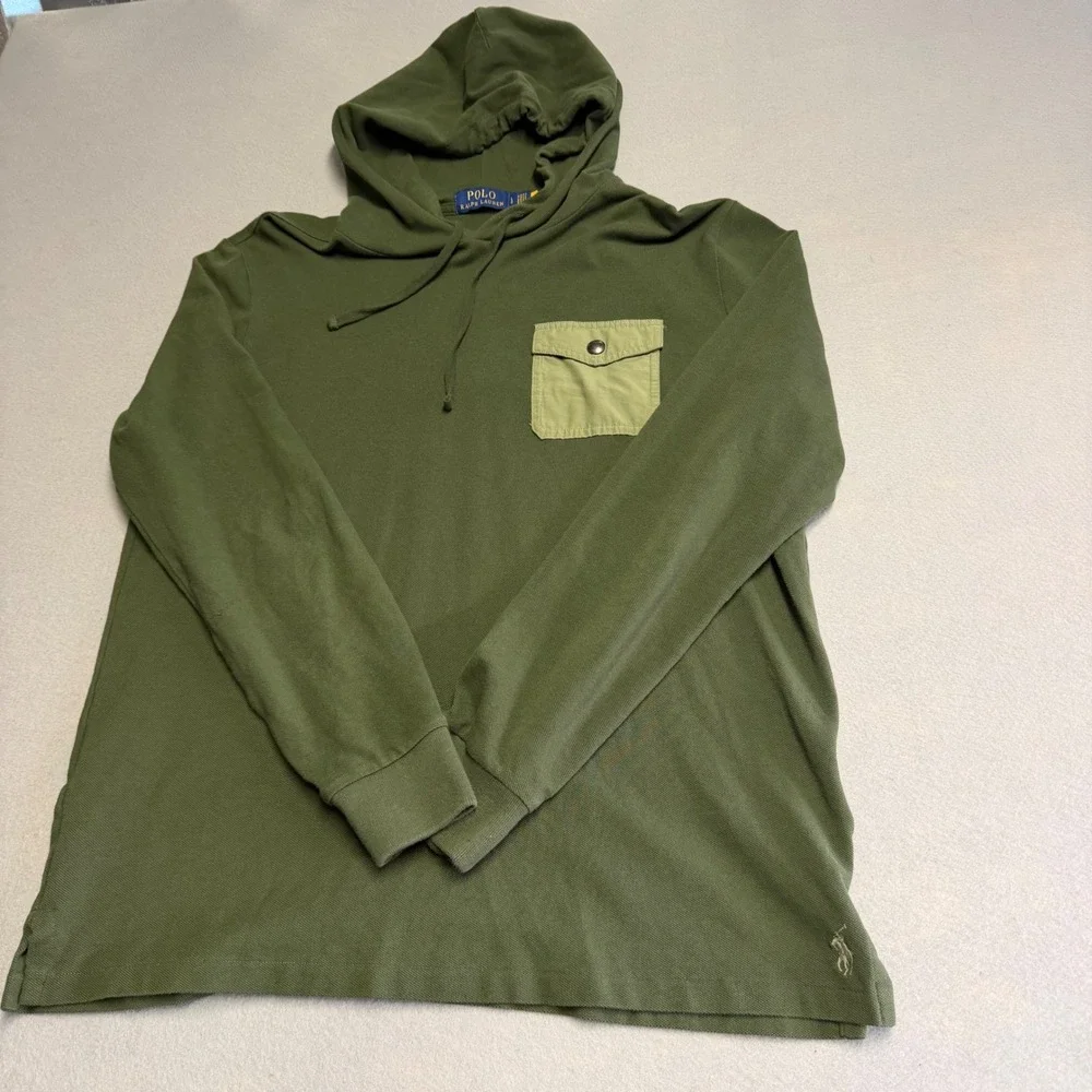 Polo Ralph Lauren Mens Olive Green Pique Hoodie Contrast Pocket Long Sleeve LG